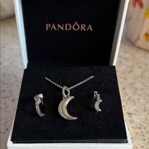 Pandora Silver Crescent Moon Necklace and Hoop Earring Set - Silver